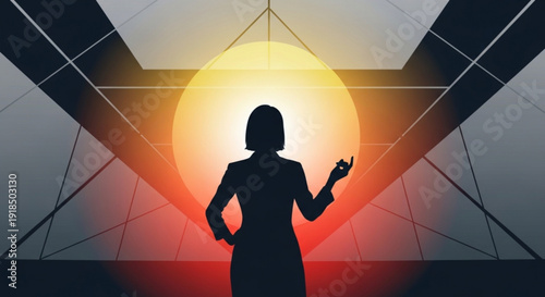 Silhouette of a woman standing confidently in front of a vibrant sunset or sunrise with geometric shapes