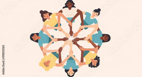 Diverse group of people joining hands in a circle symbolizing unity and teamwork with a pastel background