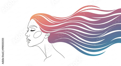 Woman with colorful flowing hair gradient hues illustration serene expression vibrant locks