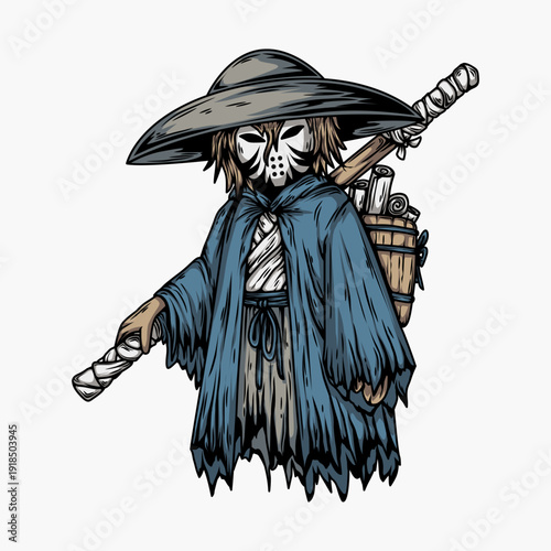 Japanese Ronin Warrior with Mask and Straw Hat Vector Illustration