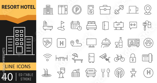 Resort Hotel Icon Set – Tourism, Wellness and Beach Editable Stroke Vector Collection,Containing hotel, tourism, wellness, beach, passport, maps, spa,