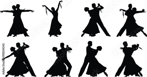 Black Silhouette Vector Set of Ballroom and Latin Dancers, Featuring Couples Performing Standard and Exhibition Dances in Dynamic and Elegant Poses, Isolated on White Background