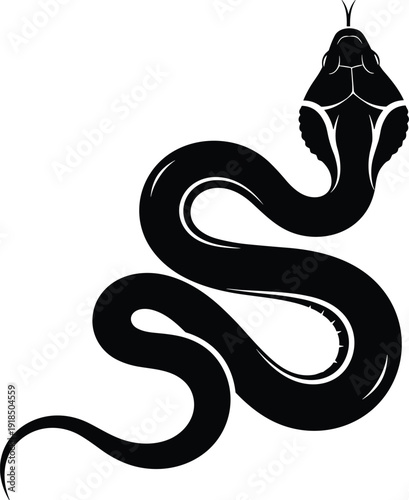 Black snake silhouette vector illustration, top view of creeping reptile with forked tongue, isolated on white background for tattoo and logo design.