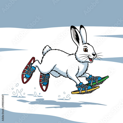 Cute Snowshoe Hare Cartoon Mascot Running Fast in Colorful Snowshoes on a Winter Landscape. Fun Wildlife Winter Sports Vector Illustration.