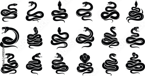 Black snake silhouettes vector illustration set, coiled and attacking serpents collection for tattoo designs, danger symbols, wildlife graphics, logos, and reptile artwork
