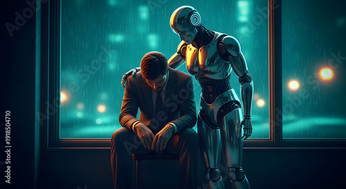 Supportive humanoid robot comforting a depressed businessman by a window on a rainy night in a futuristic city.