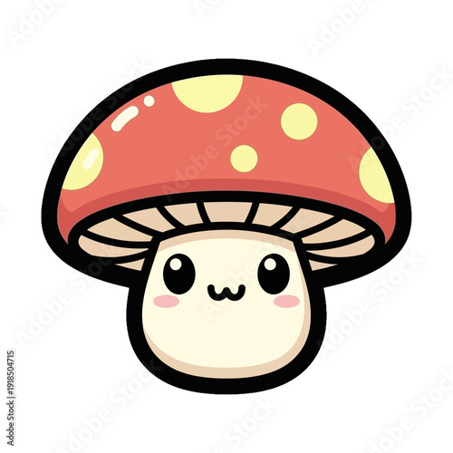 Cheerful cartoon mushroom smiling on a white backdrop, illustrated from a front view, digital illustration