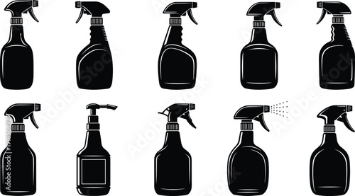 Black spray bottle silhouettes vector illustration set, household cleaning and hygiene containers collection for detergent products, sanitation design, packaging graphics, and branding