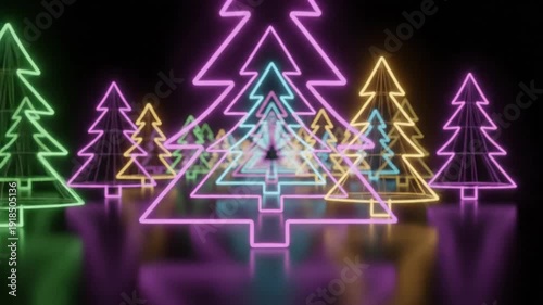 Neon Christmas Trees Animated in a Festive Glowing Winter Wonderland for the Holidays