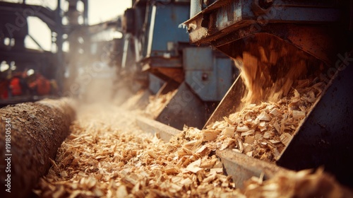 Workers feeding wood logs into industrial chippers to create on blurred background