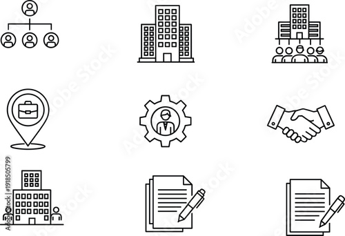 Corporate business structure icon set with organization hierarchy office buildings partnership contracts and management symbols in clean outline vector style