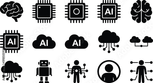 Artificial intelligence and machine learning solid icons set featuring AI chips, cloud computing, neural networks, robotics, human data connection, and modern digital technology concepts
