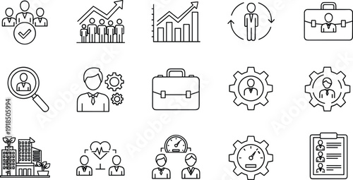 Human resources and business management icon set with recruitment performance growth analytics and workforce development symbols in clean outline vector style