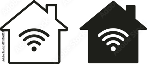 Smart home WiFi icon set showing outline and solid house symbols with wireless network signal, representing internet connection, home automation, and modern digital living technology