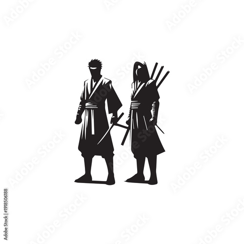 Two ninjas in traditional attire holding swords ready for battle duo