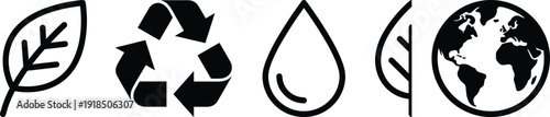 Sustainability and eco friendly icons set including leaf, recycling symbol, water drop and earth globe, representing environmental protection, green living, renewable resources, 