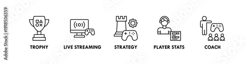 Esports banner web icon illustration concept with icon of trophy, live streamng, startegy, player stats, coach