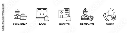 Emergency banner web icon illustration concept with icon of paramedic, room, hospital, firefighter, police