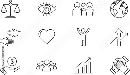 Social values and human rights icon set with equality love community growth and cooperation symbols in clean outline vector style