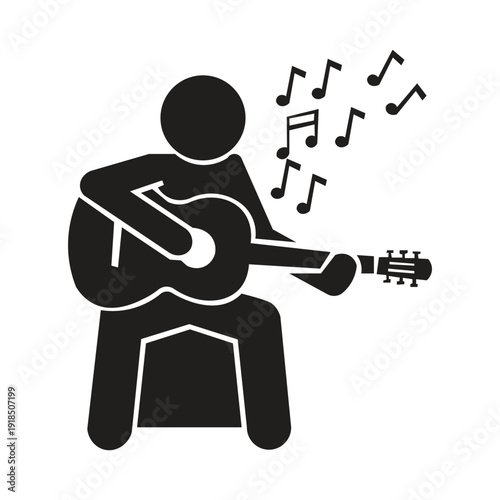 An iconic image of a person singing while playing a guitar. The silhouette illustration generally features a visual combination of a musician (vocalist,guitarist) with a guitar instrument, often accom