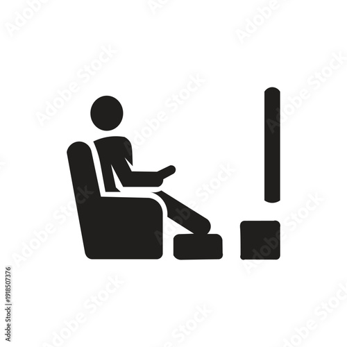 A silhouette illustration of a person relaxing while watching TV generally depicts a relaxed atmosphere, entertainment, and the comfort of home. This icon is often used to represent leisure time, a re
