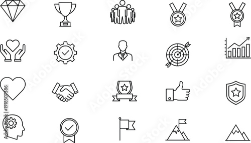 Success and achievement icon set with awards goals leadership quality and performance symbols in clean outline vector style