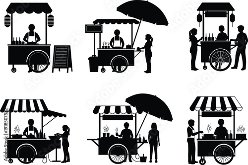 Black silhouette vector illustration of street food carts, vendors, customers, umbrella stands, and market stalls, outdoor business concept, urban food design set