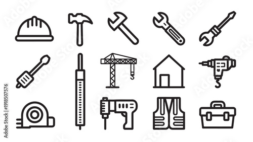 Minimalist construction tools and equipment icon set variations