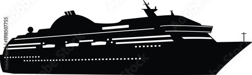 Black silhouette vector of a cruise ship, luxury ocean liner illustration, marine travel concept, sea transportation vessel, isolated on white background, minimalist design