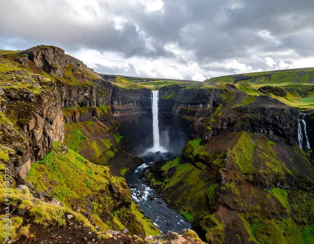Obraz premium A majestic waterfall cascades down a rugged cliffside