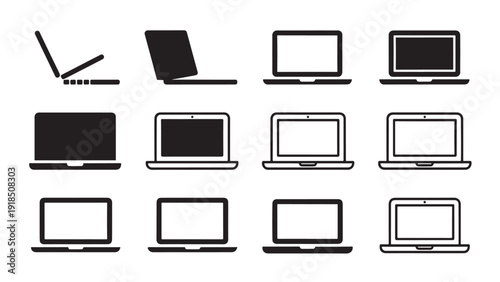 Minimalist laptop icon set variations front and side views
