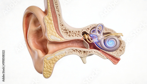 Detailed human ear anatomy cross section showing cochlea auditory canal ossicles malleus incus stapes eardrum inner ear structure for otology medical education