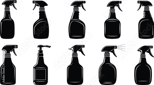 Black spray bottle silhouettes vector illustration set, household cleaning and hygiene containers collection for detergent products, sanitation design, packaging graphics, and branding