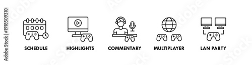 Esports banner web icon illustration concept with icon of schedule, highlights, commentary, multiplayer, lan party
