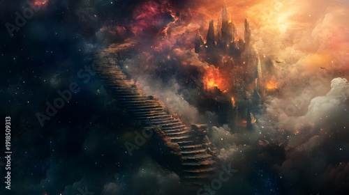 A stone staircase leading up to a celestial castle, with the clouds below and stars above.
