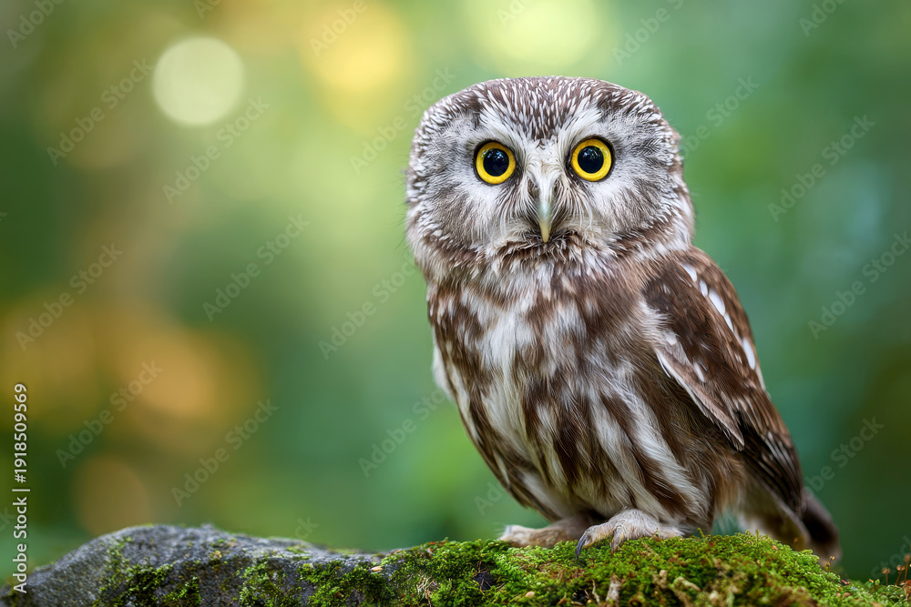 Obraz premium owl perches on a mossy log within a sun-dappled forest, observing with intense golden eyes. Lush greens and light create a serene scene