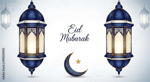 Modern and clean design with two large navy blue lanterns flanking a small crescent moon and star against a bright, minimalist white backdrop.