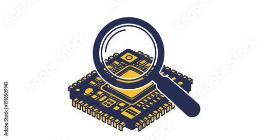 Magnifying glass examining a microchip on a circuit board.