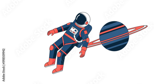 Astronaut floating in space near a planet with rings.