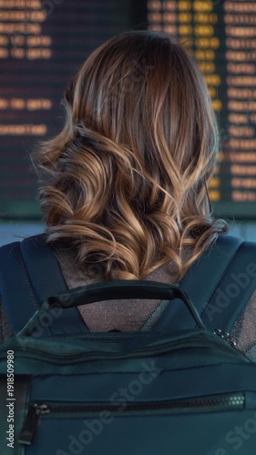 Female traveler with wavy brown hair wearing a backpack stands in front of a flight information board displaying departure and arrival times at an airport terminal