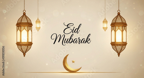 Elegant Eid Mubarak greeting featuring a golden textured moon and star at the bottom, framed by large ornate hanging lanterns on a cream background.