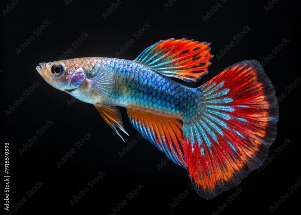Fototapeta premium Colorful Guppy Fish with Vibrant Fins Swimming Gracefully in Dark Background