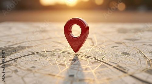 Red 3D location pin marker standing on a blurred city map background representing navigation and gps tracking