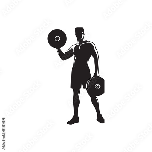 Silhouette of muscular man lifting weights and holding dumbbells fitness gym sport strength muscular workout muscle arm