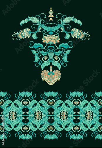 Set of decorative elements, floral border ornaments, rosettes, textures