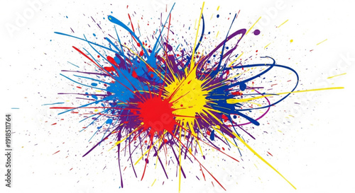 Vibrant colorful paint splatter explosion on white background with red blue purple and yellow hues creating dynamic abstract art piece with energetic splashes and droplets