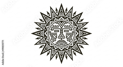 Aztec sun symbol with intricate geometric patterns and tribal design elements on white background