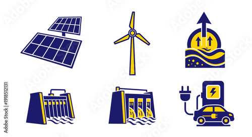 Renewable energy icons set with solar, wind, hydro, electric car
