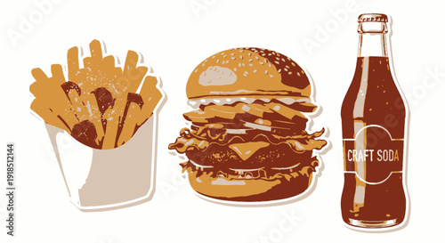 Retro burger, fries, and craft soda fast food meal