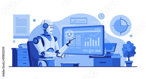 A futuristic artificial intelligence robot analyzes complex business data and financial statistics on a monitor, embodying automation and technological progress.